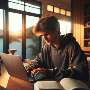 garoto olhando caderno